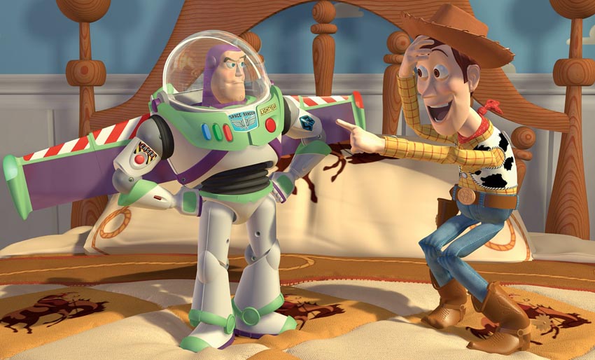 Woody laughing at Buzz in Toy Story